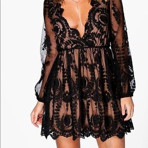 BOOHOO black lace long sleeve skater dress